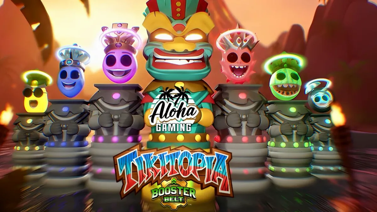 Tampilan visual slot Tikitopia BoosterBelt dengan totem Tiki dan simbol buah