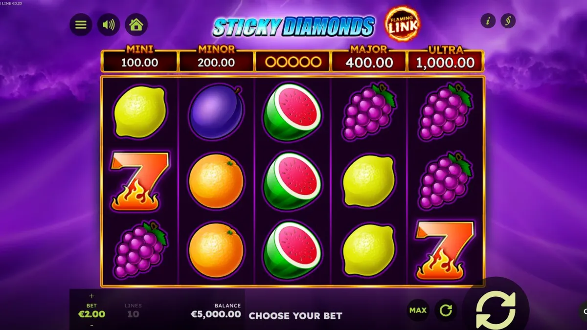 Tampilan antarmuka permainan slot Sticky Diamonds Flaming Link dengan simbol buah dan berlian.